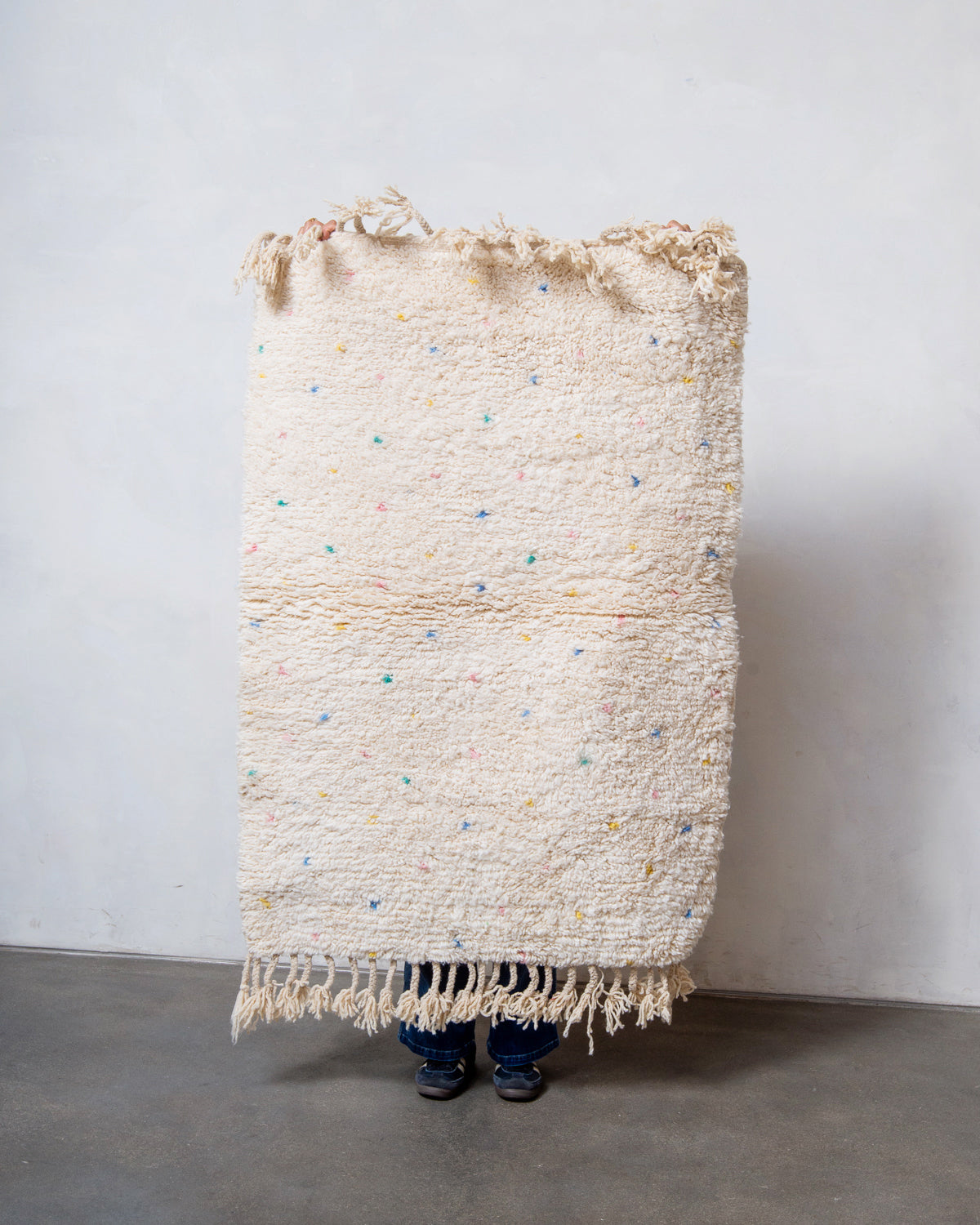 Modern, designer, handcrafted Berber rug from Morocco. Beniourain carpet with beautiful colours and patterns and fluffy wool texture.